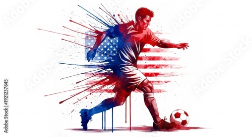 Soccer Player Kicking Ball with Usa Flag Watercolor Splash
