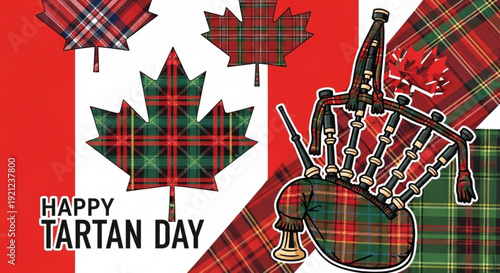 Vibrant tartan day greeting with plaid bagpipes maple leaves on canadian flag background