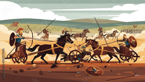 Ancient chariots race along a sunlit coastal beach in a dramatic historical scene.