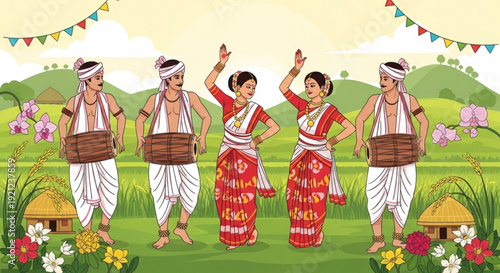 Traditional indian dancers performing bihu dance in a colorful outdoor setting with flowers and hills