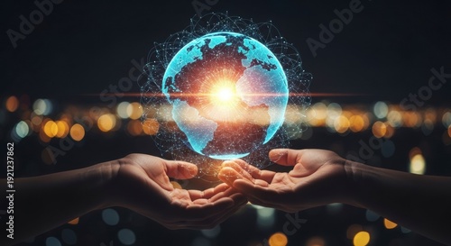 Global Network Connection with Hands Holding a Glowing Planet