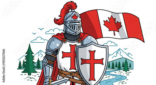 Canadian knight in armor holding shield with red cross and maple leaf flag in snowy mountain landscape with evergreen trees