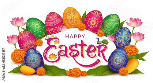 Colorful easter eggs and flowers with happy easter text on white background for holiday greeting