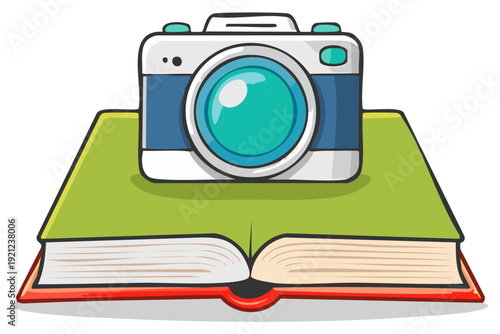 Cartoon Camera on Open Book Illustration, Learning and Photography Concept, Educational Icon, Cartoon Style, Photo Equipment,