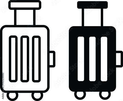 Two minimalist icons of wheeled suitcases, one outlined in white and one solid black, representing travel luggage.