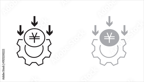 Editable stroke vector line icon of financial investment optimization concept featuring currency symbol inside gear with downward arrows. Suitable for banking, finance, fintech, business strategy, sav