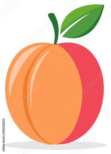 Fresh peach vector illustration with a green leaf and stem, colorful ripe fruit, harvest season, healthy food concept, graphic art design