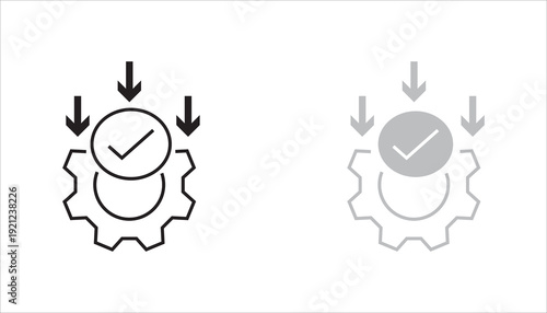 Minimal outline icon featuring a gear with a checkmark and downward arrows, representing download process, system update, installation approval, workflow automation, and quality control. Ideal for tec