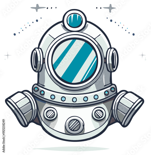 Cartoon Style Diving Helmet Illustration with Retro Design and Underwater Gear Accents