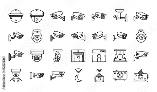 CCTV Camera Line Icon Set Collection with Dome Bullet PTZ and Security Surveillance Symbols Vector