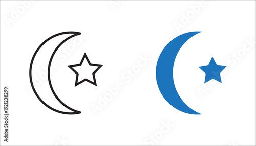 Simple editable outline icon of crescent moon and star symbol commonly associated with Islamic culture and Ramadan celebration themes. Suitable for religious, holiday, and spiritual designs.