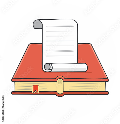 Whimsical cartoon illustration of a red hardcover book with a rolled paper scroll on top symbolizing knowledge and education