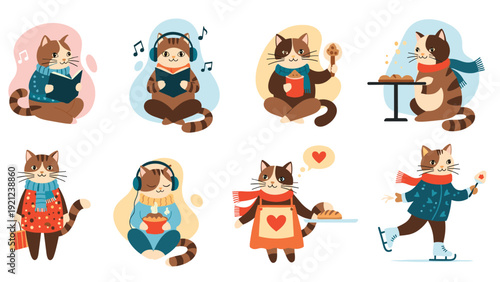 Set of eight adorable cartoon cats engaging in various human-like activities: reading, listening to music, eating, baking, and even ice skating.