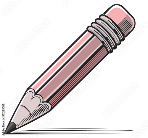Hand drawn pink pencil with eraser making a line illustration