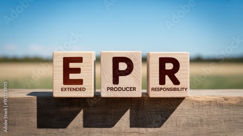 Three wooden blocks spelling EPR for Extended Producer Responsibility sit on a rustic beam outdoors 