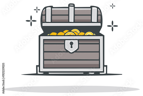 Open Treasure Chest Filled with Golden Coins and Sparkling Highlights