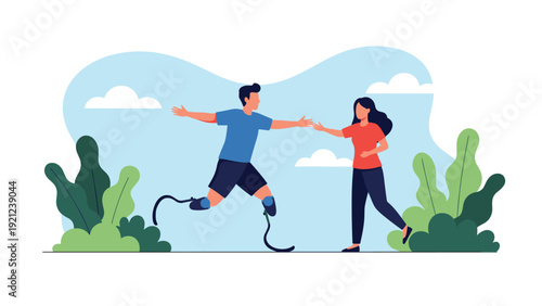 Determined man with prosthetic legs running and reaching out to a supportive woman, symbolizing overcoming physical challenges, resilience, and human connection.