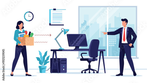 Man firing a woman from her job, with the woman holding a box of belongings, symbolizing job termination, unemployment, and a difficult career transition.