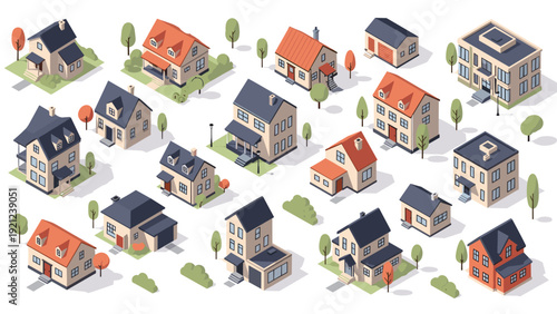 Extensive collection of various isometric suburban houses and buildings, complete with small trees, representing modern neighborhood architecture and real estate.