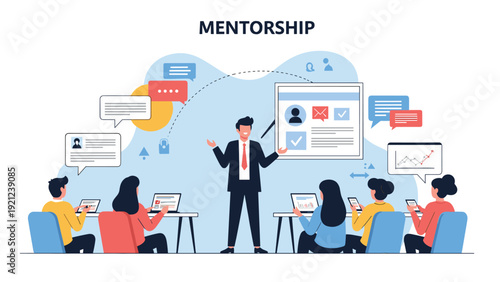 Inspiring businessman delivering a mentorship presentation to a diverse group of employees using laptops, fostering professional development and team growth in workplace.