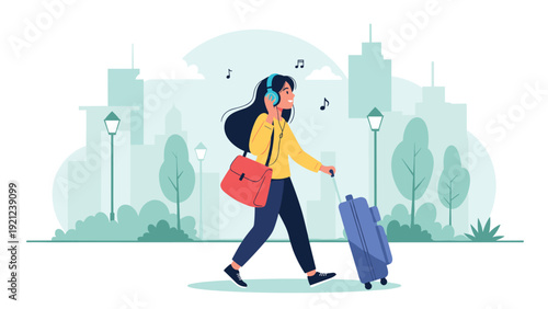 Joyful woman with headphones and a rolling suitcase happily walking through a modern city park, enjoying music and her travel journey.
