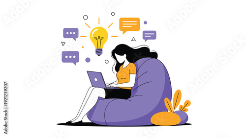 Woman working on a laptop from a bean bag chair, surrounded by a lightbulb and speech bubbles, symbolizing innovative ideas and remote communication.