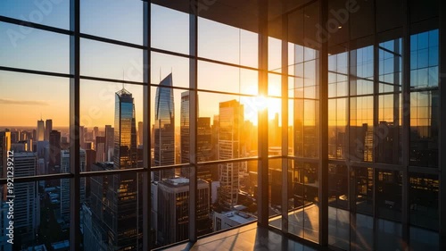 Modern skyscraper office interior with panoramic window view at sunset