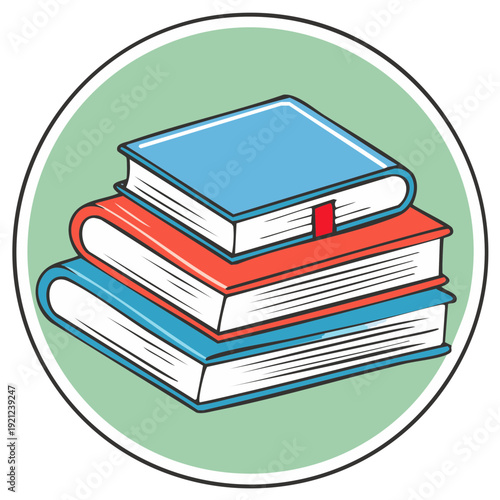 Stack of Colorful Hardcover Books with Bookmark Inside a Circle