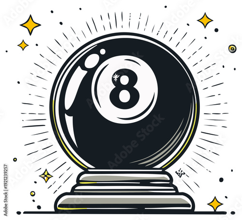Mysterious fortune telling crystal ball with number eight and sparkling stars representing destiny