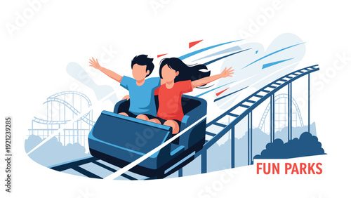 Two ecstatic children joyfully riding a thrilling rollercoaster with their arms raised, capturing the excitement and fun of amusement park rides.