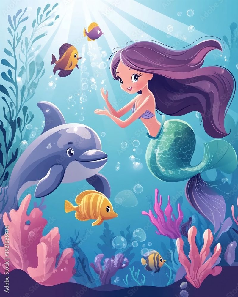 Fototapeta premium Friendly mermaid in underwater world with marine animals. Calm scene, soft natural colors, and balanced composition create positive and educational style
