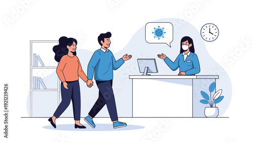 Couple checking into a hotel where a masked receptionist discusses coronavirus information, reflecting current travel and health protocols.