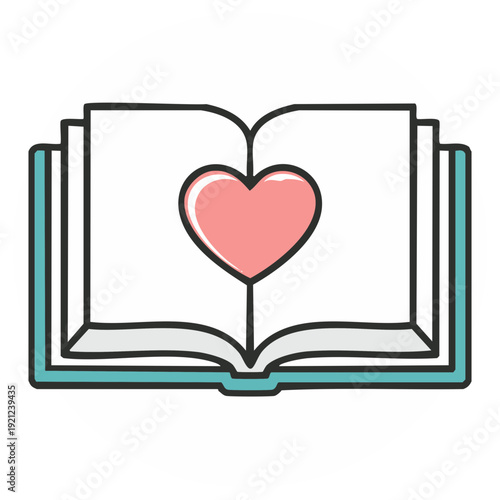 Open book illustration with heart sign. Love story concept. Vector graphic