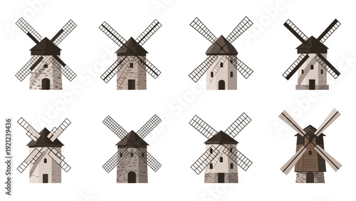 Diverse collection of traditional windmills, representing rural life, renewable energy, and historical agricultural technology and cultural heritage.
