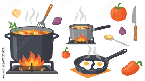 Diverse cooking scenes with pots simmering on stoves, a frying pan with eggs, and fresh vegetables, illustrating meal preparation and home cooking.