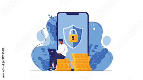 Man on laptop on coin stacks next to a phone with a security lock, symbolizing mobile banking, secure transactions, and digital data protection.