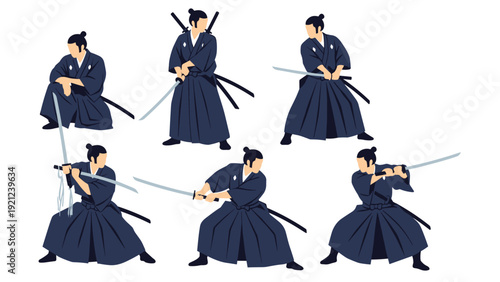Collection of six dynamic poses depicting a samurai warrior wielding a katana, illustrating martial arts, ancient Japanese culture, and combat techniques.
