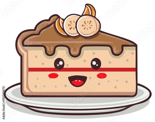 Cartoon slice of cake with kawaii face, topped with orange slices, on a plate