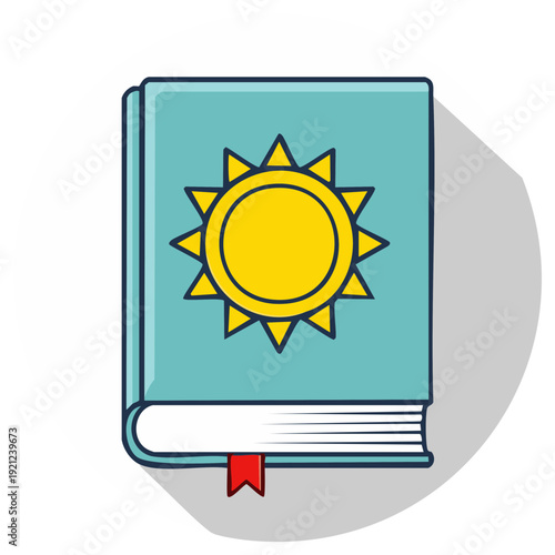 Hardcover book with a vibrant sun emblem on its cover symbolizing summer reading, knowledge, and enlightenment