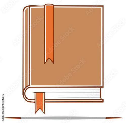 Brown hardcover book with orange bookmark ribbons for reading and education