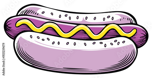 Vibrant Hot Dog with Purple Sausage and Yellow Mustard Drizzle