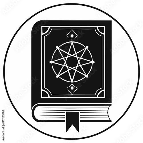 Antique tome of magic spells, esoteric symbolism featuring a black and white circle enclosing an occult geometric pattern