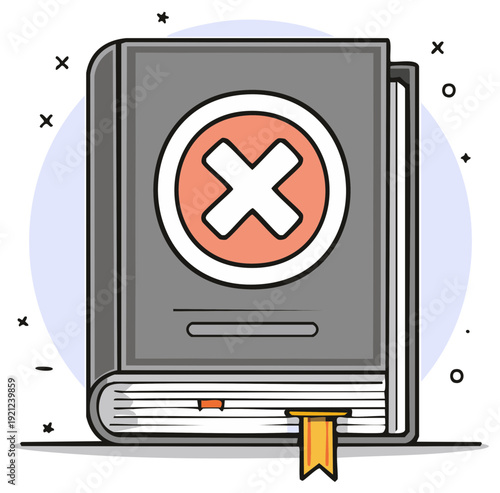 Closed book with cross mark, icon symbol for restriction and privacy violation, symbol of error