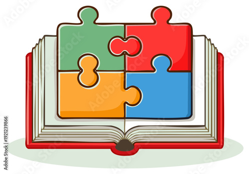 Colorful jigsaw puzzle on a open red book concept