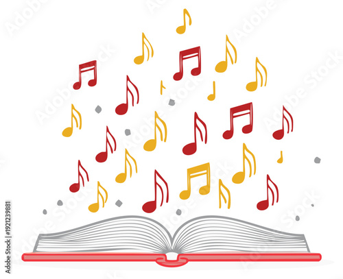 Illustrated open book with colorful musical notes floating upwards, representing creativity.