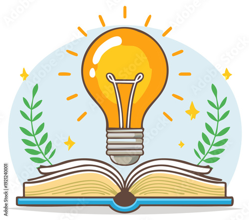 Illustration of a glowing light bulb emerging from an open book surrounded by laurel branches and stars
