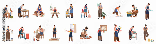 Women engaging in pottery, ceramic art, and crafting, illustrating various stages of creation, from shaping clay to painting and emotional expression through craft.