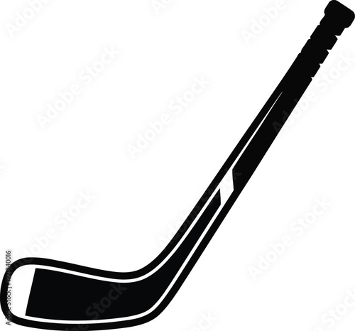 Black ice hockey stick vector illustration. This single sports equipment graphic features a curved blade and a long handle, rendered in a solid silhouette style with a monochrome palette.
