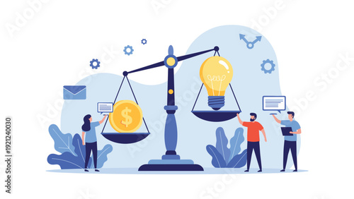 Scale balancing money and a lightbulb, with people around, symbolizing the equilibrium between financial investment and innovative business ideas.