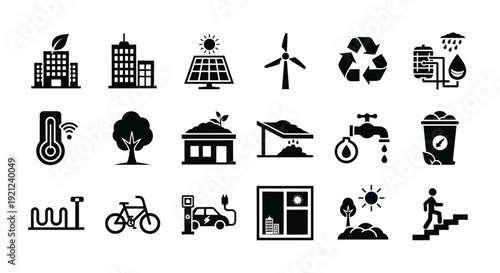 Black icons representing sustainable energy and environmental concepts silhouette